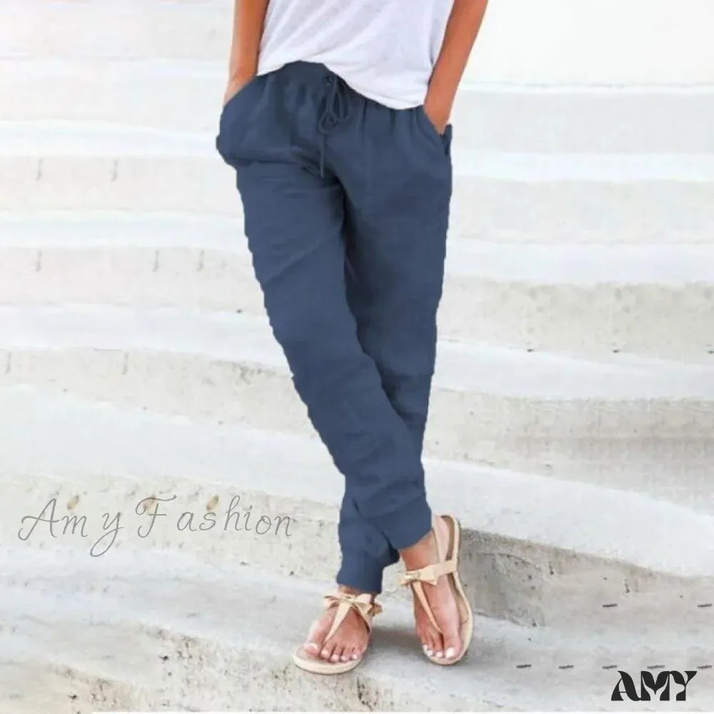 Amy Fashion - Casual Solid Elastic Waist Loose Pants