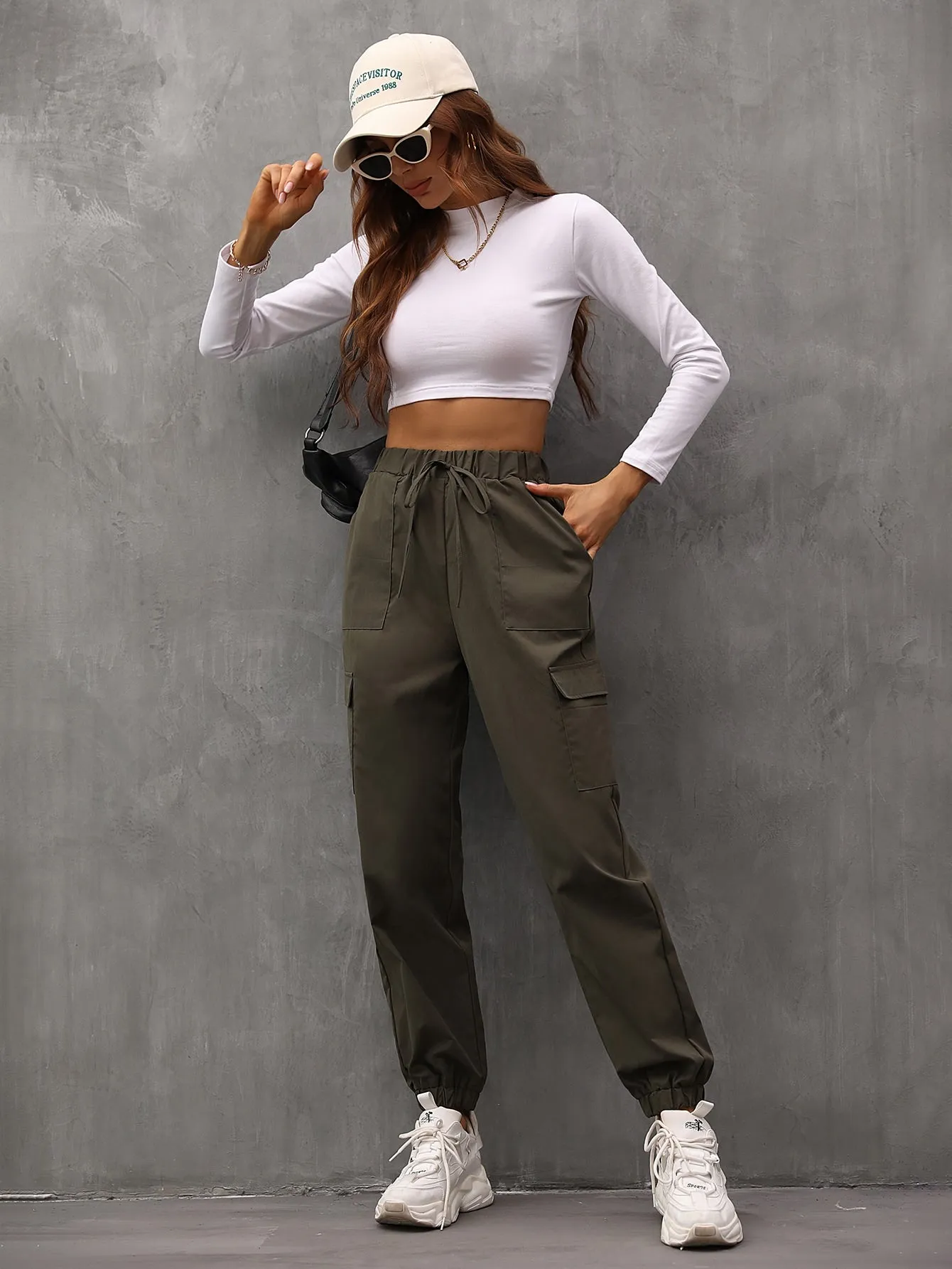 Drawstring Waist Wide Leg Parachute Cargo Jogger Pants