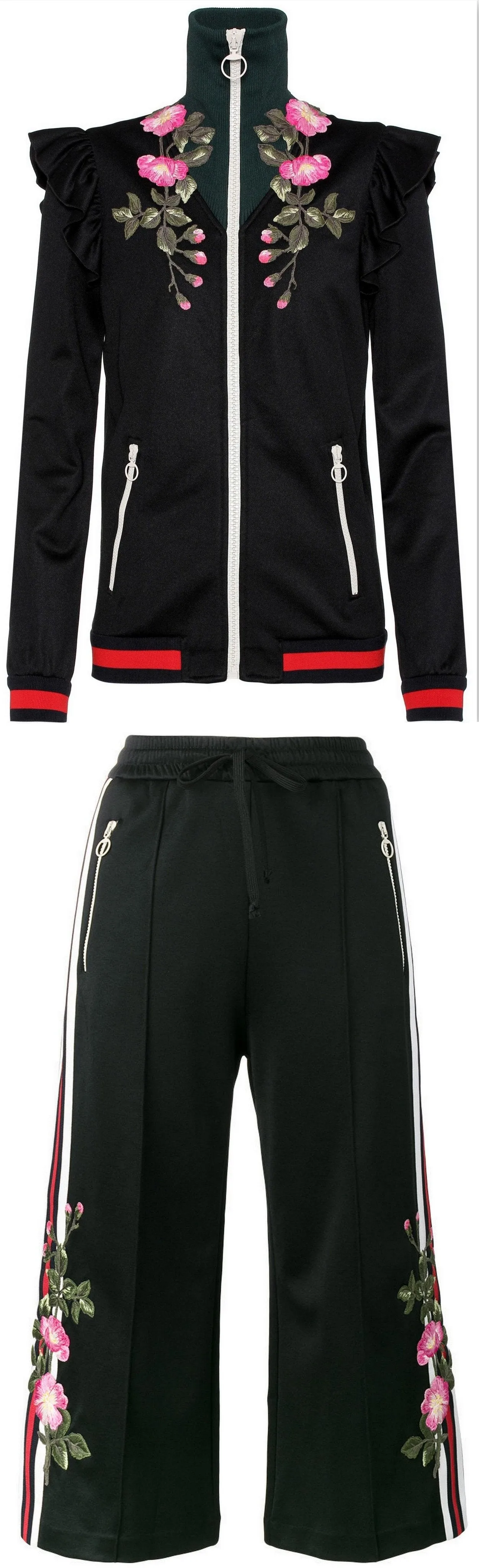 Embroidered Technical Jersey Jacket and Embroidered Wide Leg Jogging Pants, Black