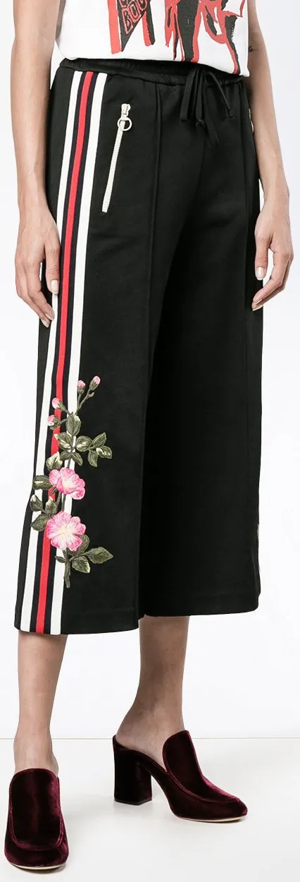 Embroidered Technical Jersey Jacket and Embroidered Wide Leg Jogging Pants, Black