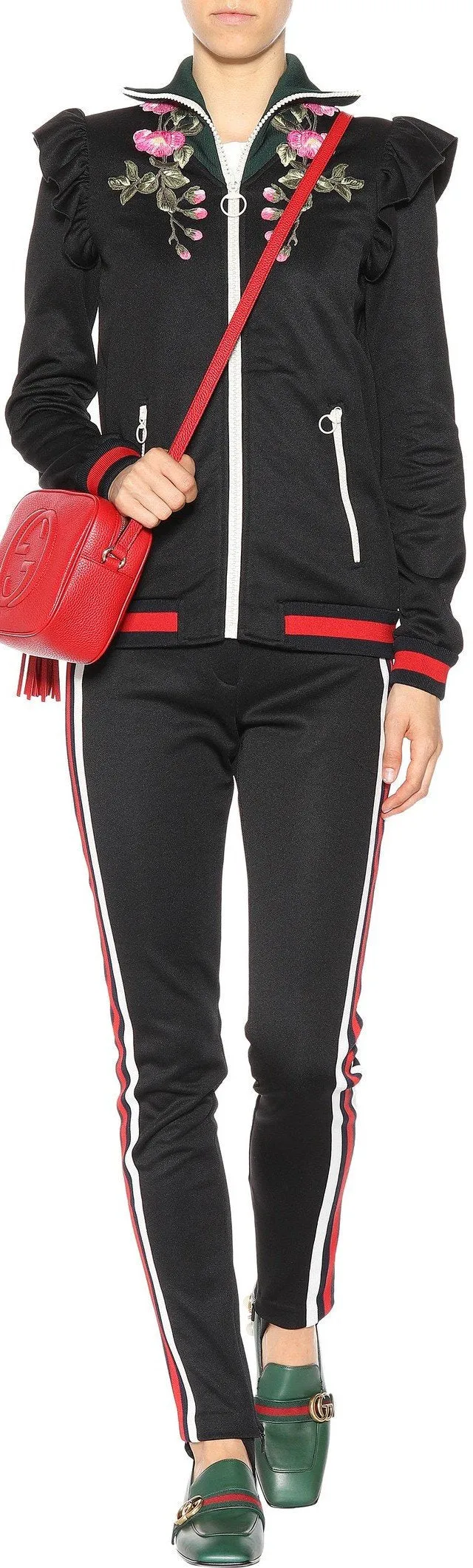 Embroidered Technical Jersey Jacket and Embroidered Wide Leg Jogging Pants, Black