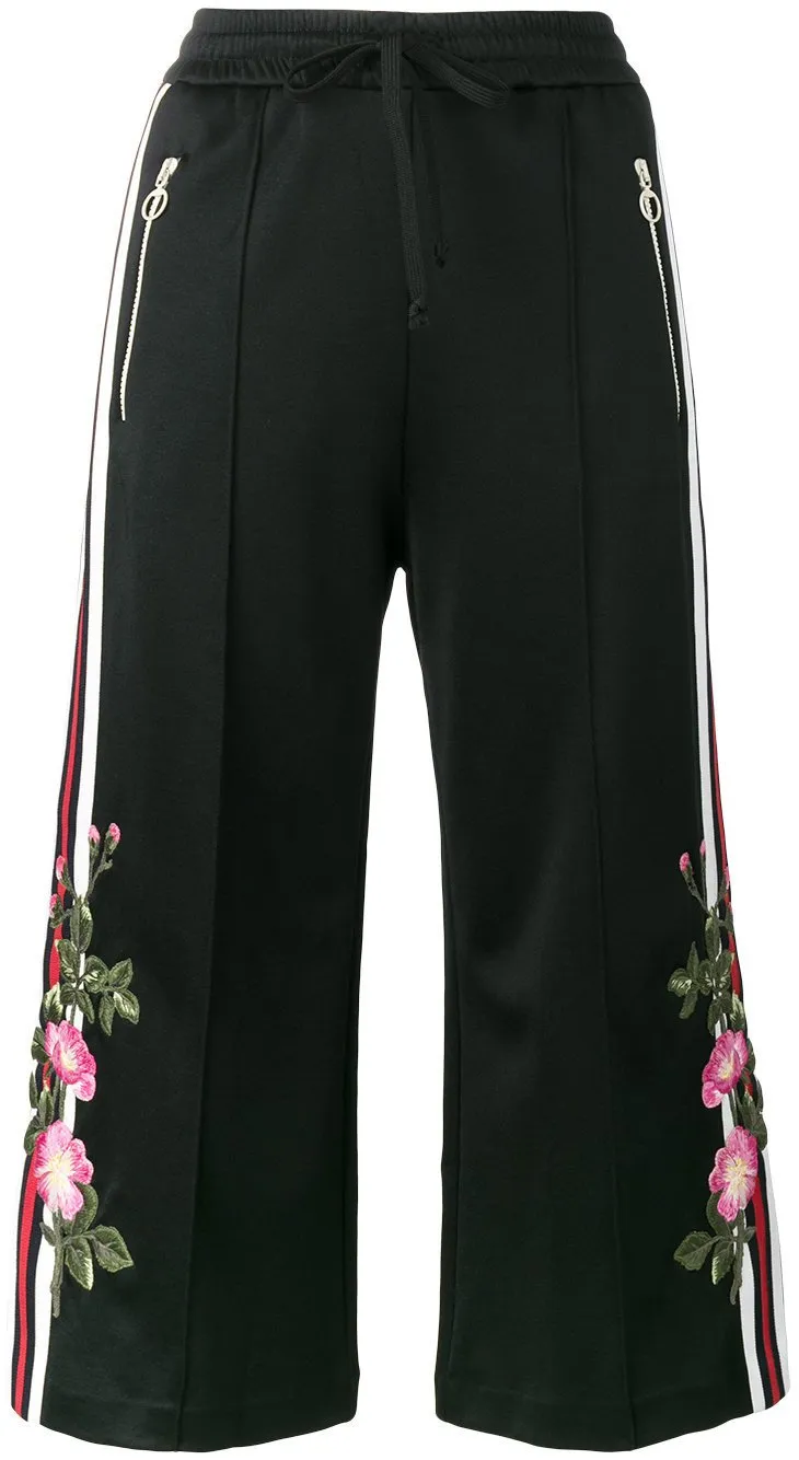 Embroidered Technical Jersey Jacket and Embroidered Wide Leg Jogging Pants, Black