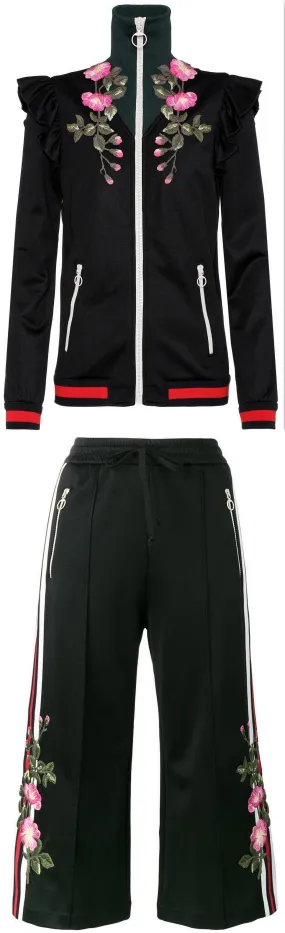 Embroidered Technical Jersey Jacket and Embroidered Wide Leg Jogging Pants, Black