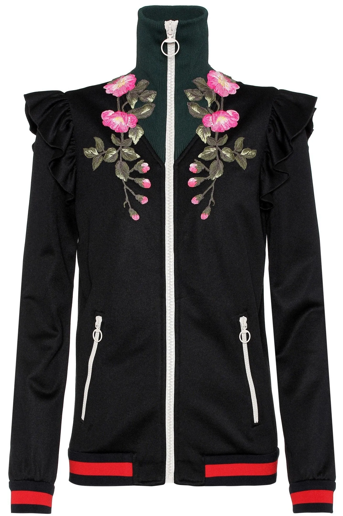 Embroidered Technical Jersey Jacket and Embroidered Wide Leg Jogging Pants, Black