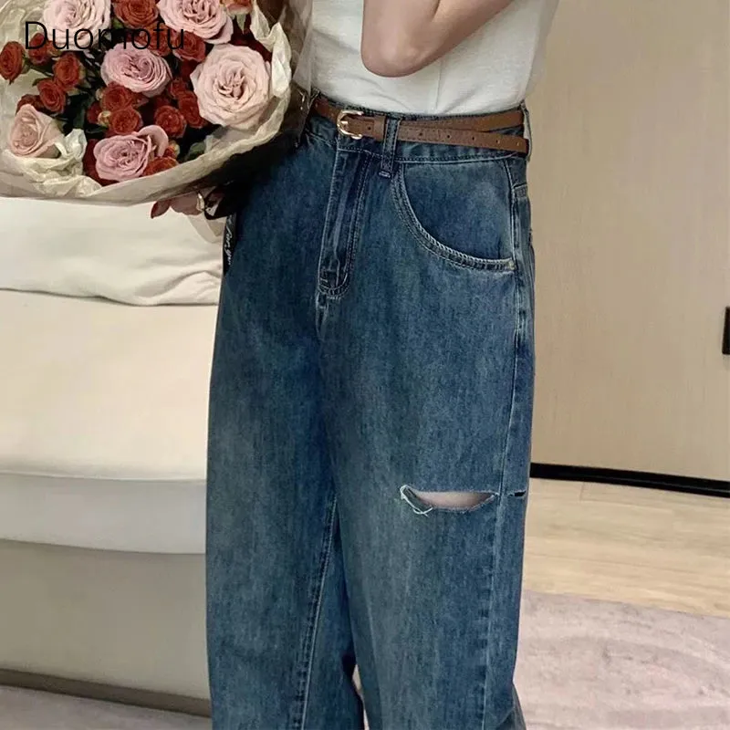 LVSANW Duomofu Chic Hollow Out Basic High Waist Slim Casual Female Jeans Summer New Loose Casual Fashion Full Length Simple Women Jeans