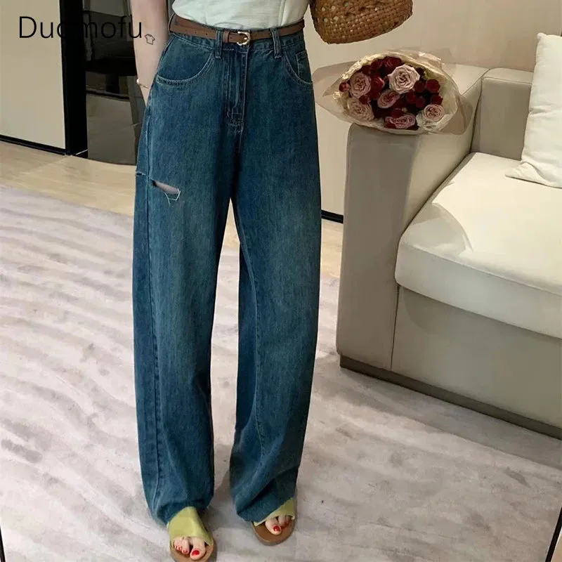LVSANW Duomofu Chic Hollow Out Basic High Waist Slim Casual Female Jeans Summer New Loose Casual Fashion Full Length Simple Women Jeans