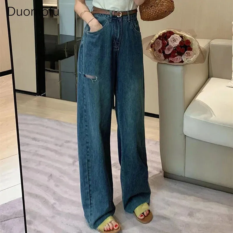 LVSANW Duomofu Chic Hollow Out Basic High Waist Slim Casual Female Jeans Summer New Loose Casual Fashion Full Length Simple Women Jeans