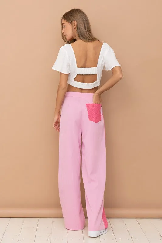 Pink Long Pants W/ Colorblock Detail, Slim Side Pocket