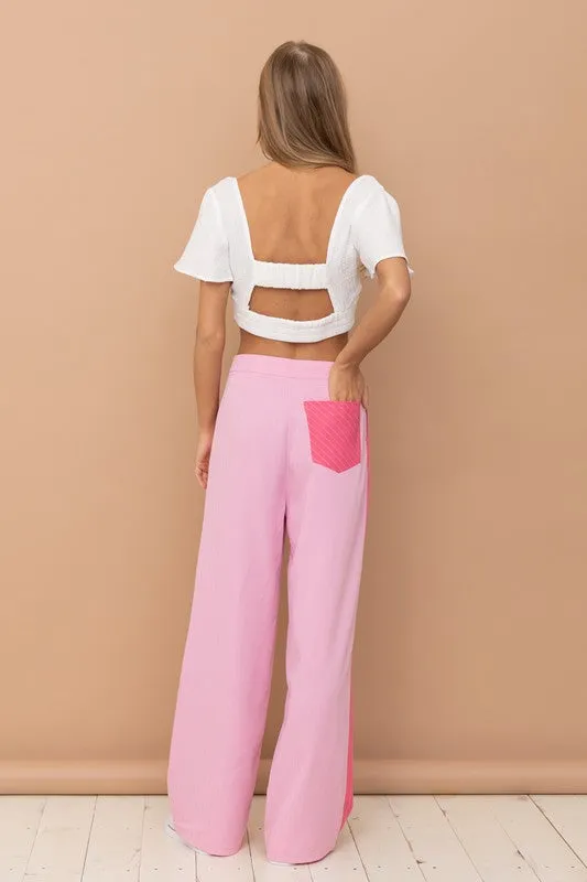 Pink Long Pants W/ Colorblock Detail, Slim Side Pocket